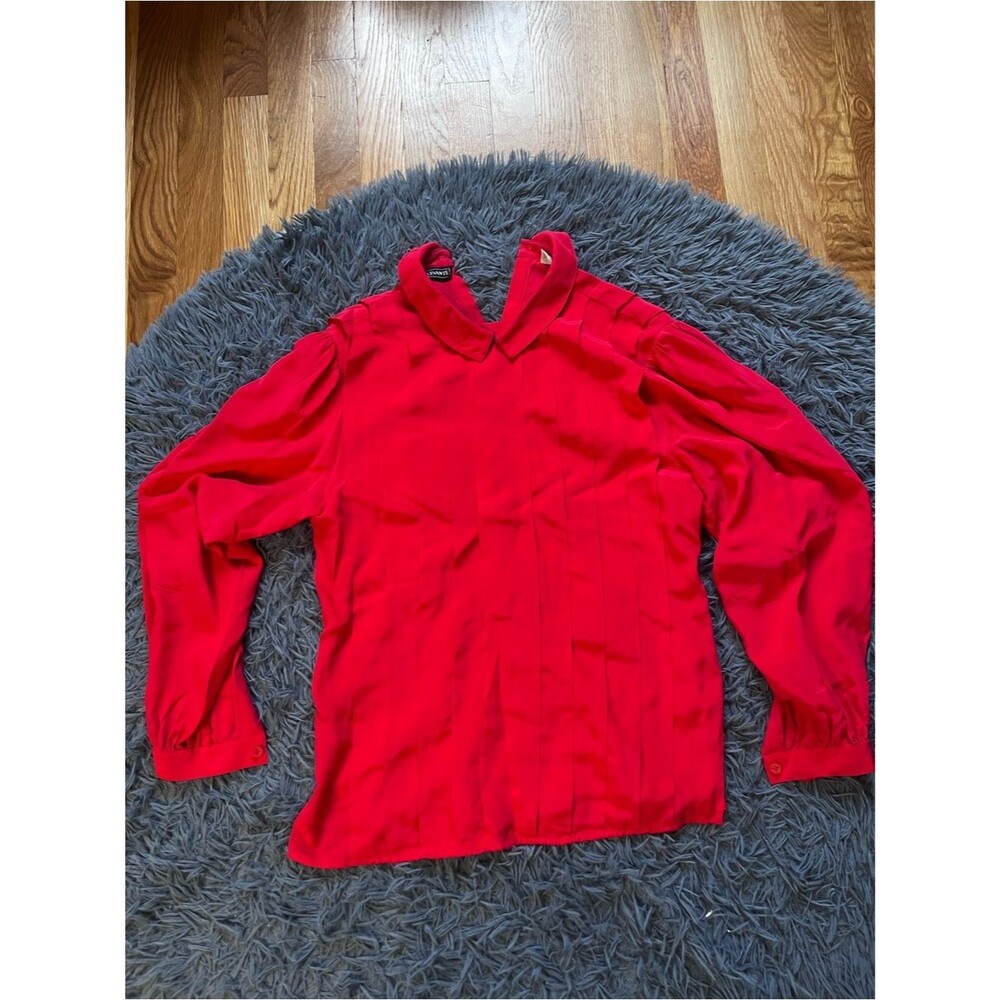 Vintage Levante Red Pleated Collar 100% Silk Blouse Size 6